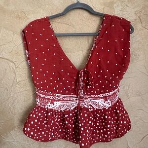 Free People Red Polka Dot Peplum Tie-Back Top